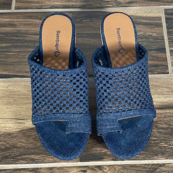 BareTraps Bethie Womens Size 7.5 Shoes Blue Denim Toe Loop Platform Wedge Sandal - Picture 11 of 12